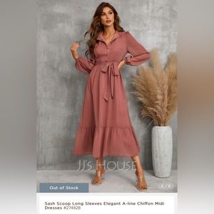 Sash Scoop Long Sleeves A-line Chiffon Midi Dress- 2XL
